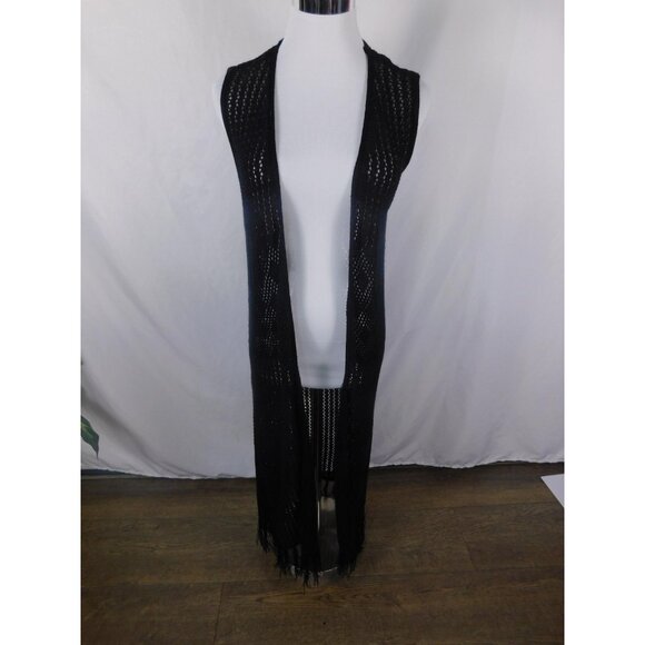 New Directions Black Crochet Fringe Duster Vest Boho Witch S - Picture 1 of 12